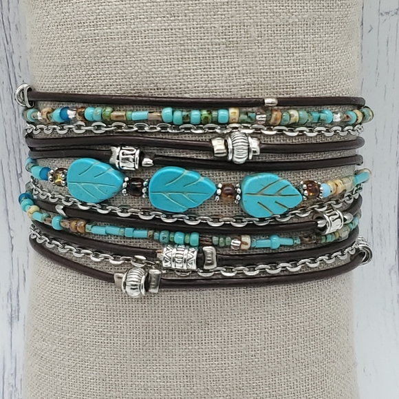 NWOT Handmade Leather Wrap Bracelet with turquoise accents. Customizable - Picture 1 of 3